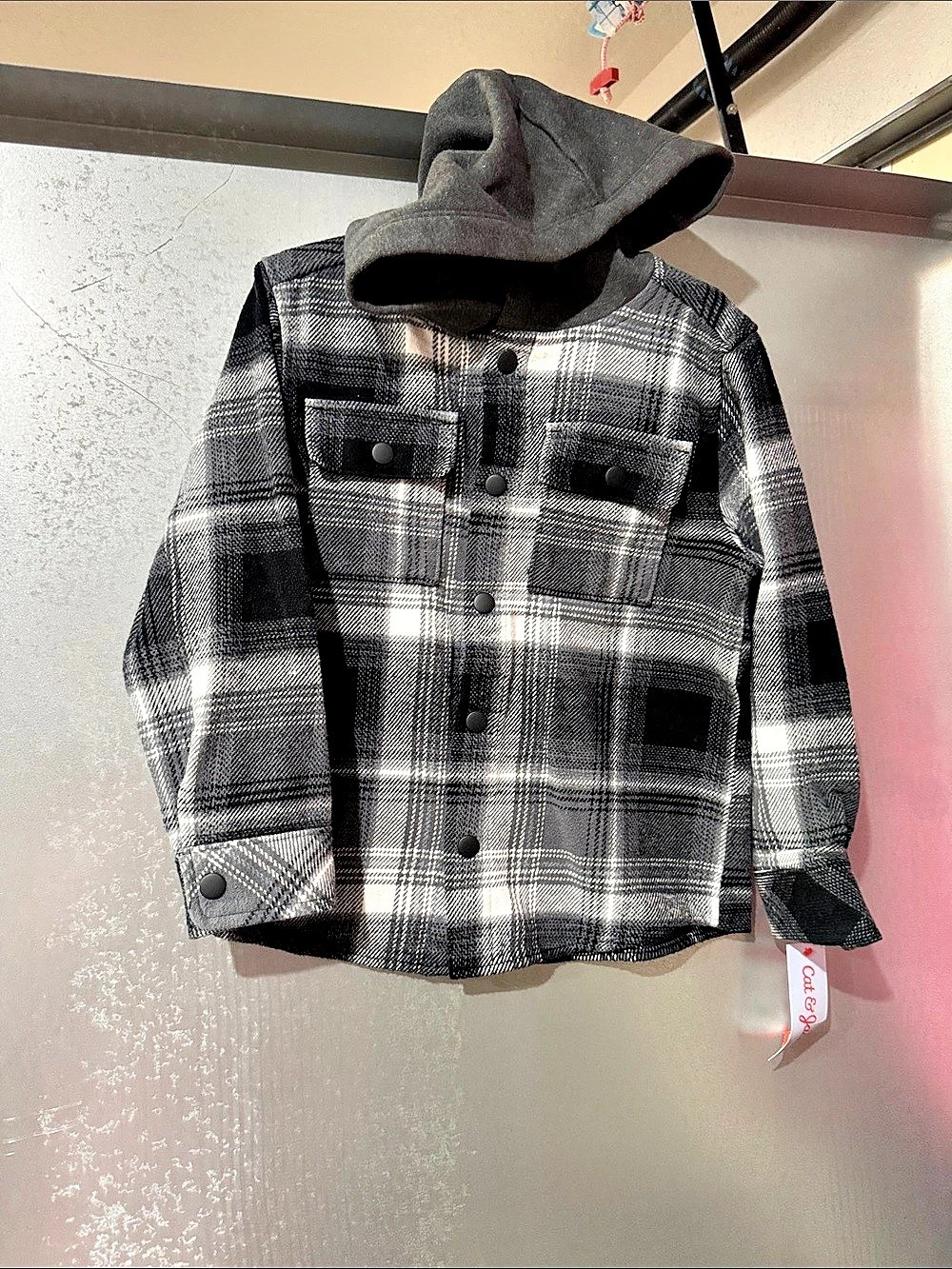 Cat & Jack Boys Hooded Plaid Flannel Shirt Jacket Gray & Black